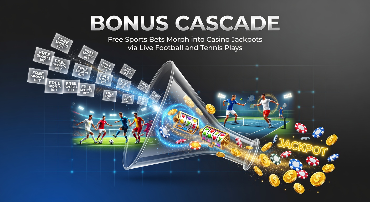 Grafik einer Kaskade aus Sportwetten, die zu Casino-Jackpots führt, mit Elementen von Fußball- und Tennisspielen