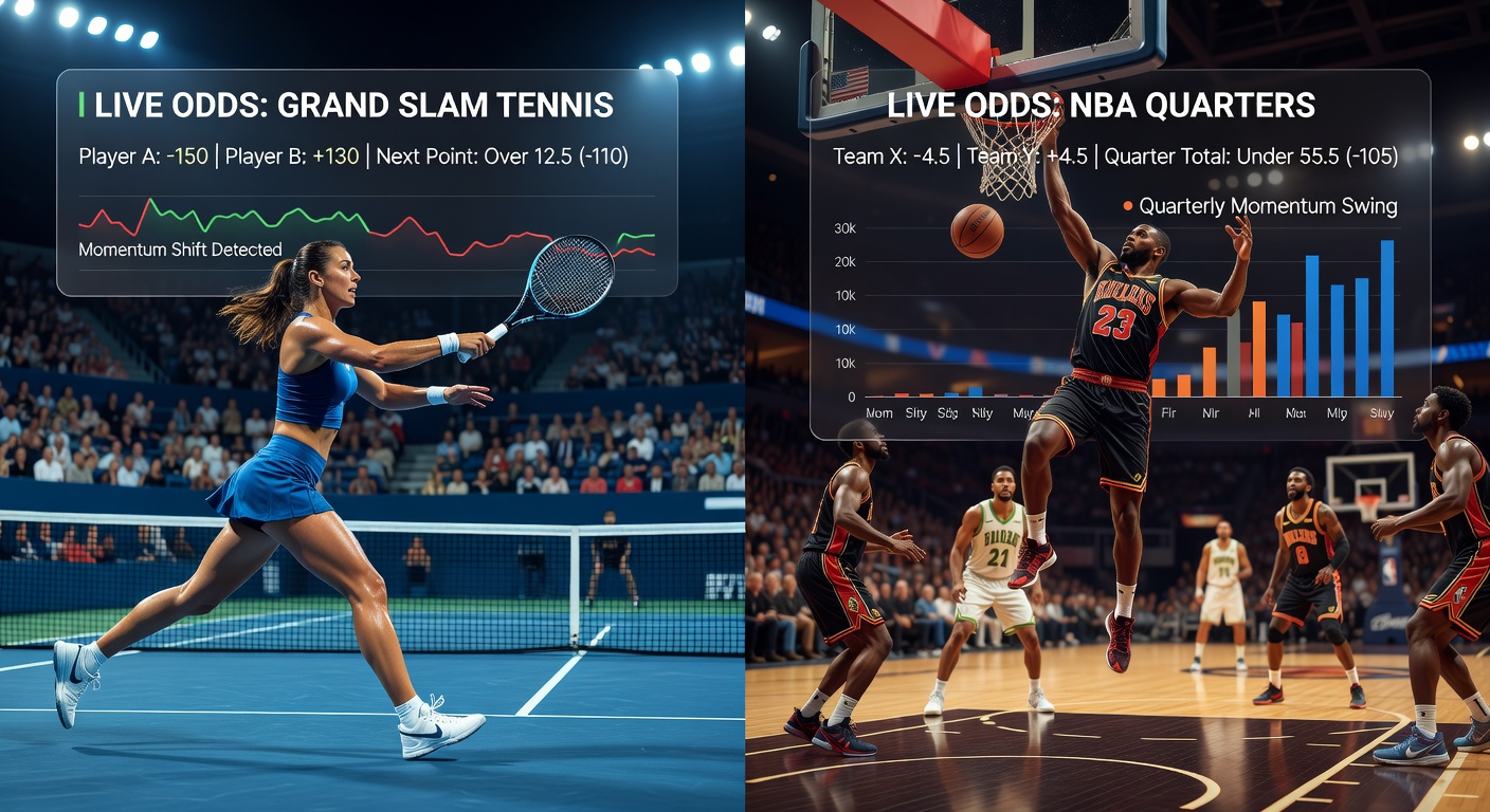Dynamische Grafik, die Momentum-Shifts in einem Tennis-Match und einem NBA-Spiel darstellt, mit schwankenden Quotenlinien