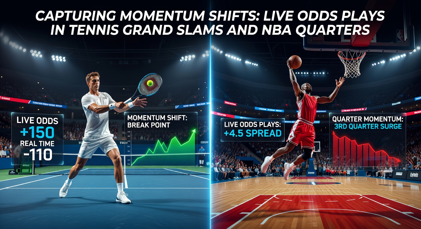 NBA-Spielszene mit einem dramatischen Run in der Schlussphase eines Quarters, begleitet von Quoten-Schwankungen auf einem Bildschirm